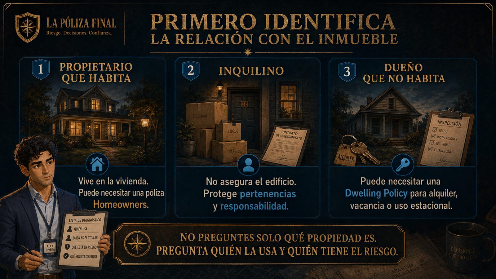 Infografía sobre propietario, inquilino y dueño que no habita