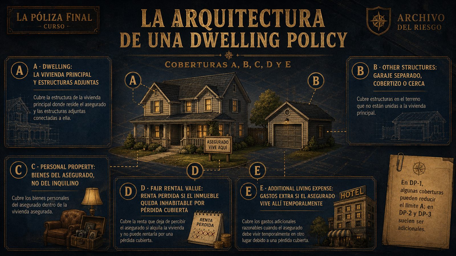Infografía de Coberturas A B C D y E en Dwelling Policies