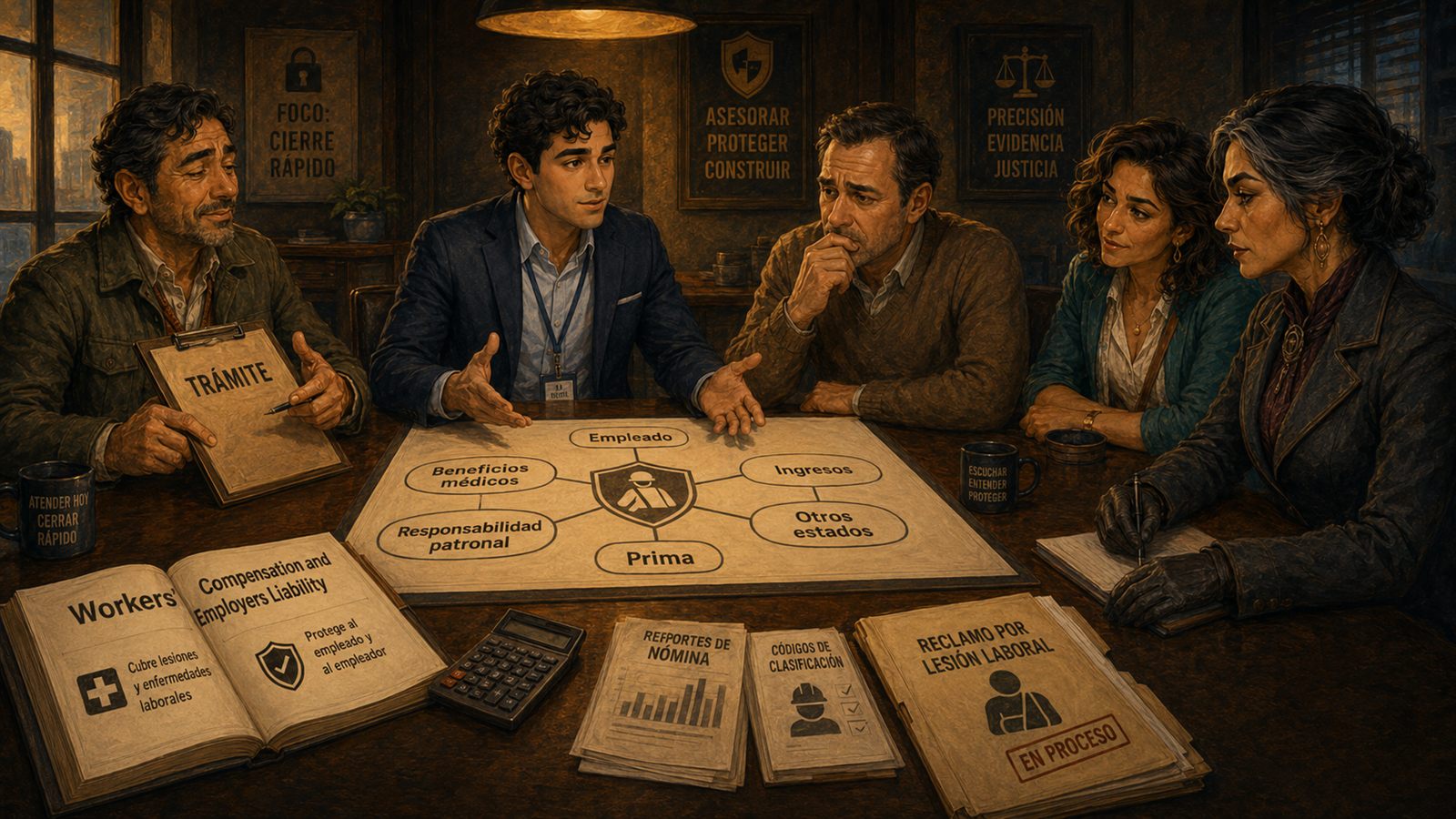 La Ajustadora, Alex Rivera, Luna Valdés y Víctor Sombra revisan un expediente de compensación para trabajadores y responsabilidad patronal.