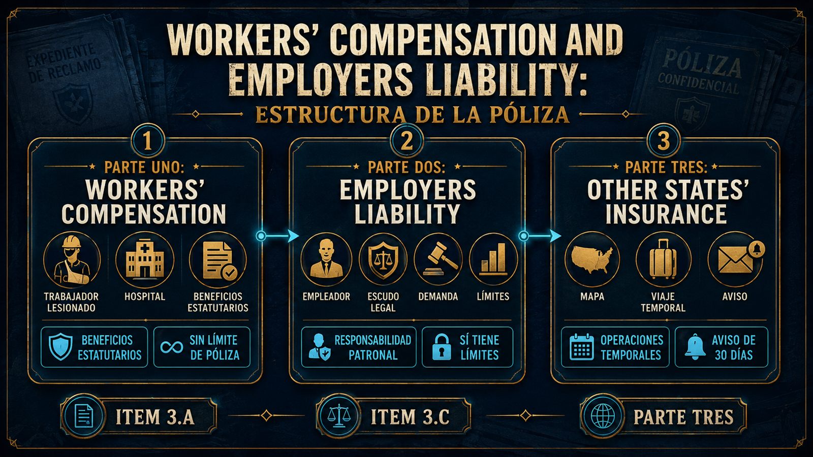 Infografía de la estructura de la póliza Workers Compensation and Employers Liability: Parte Uno, Parte Dos y Parte Tres.