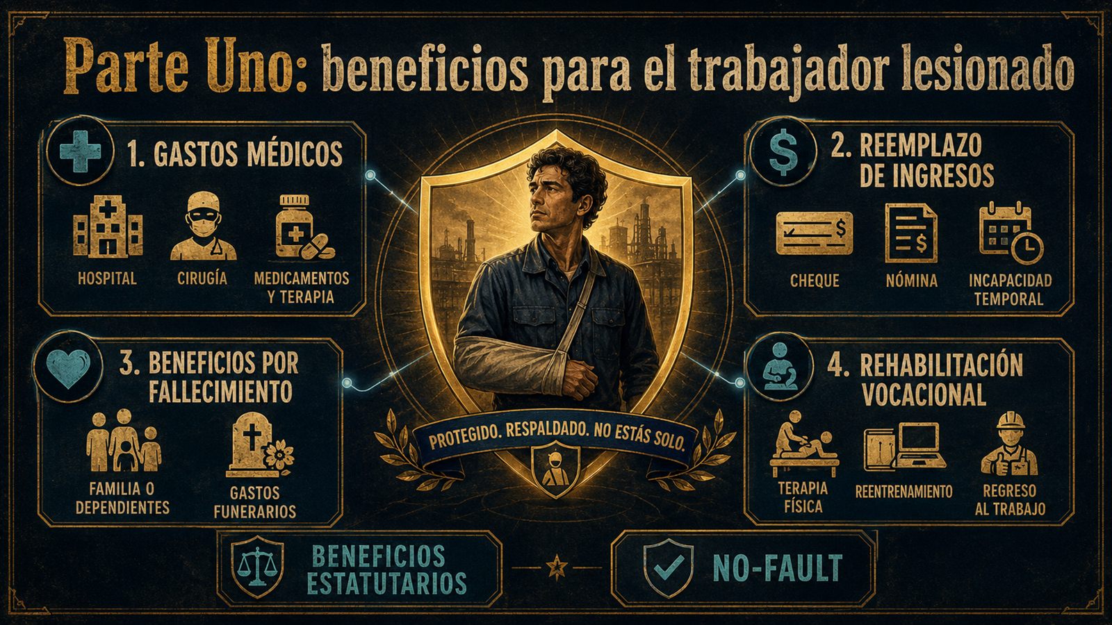 Infografía de beneficios de la Parte Uno: gastos médicos, reemplazo de ingresos, fallecimiento y rehabilitación vocacional.
