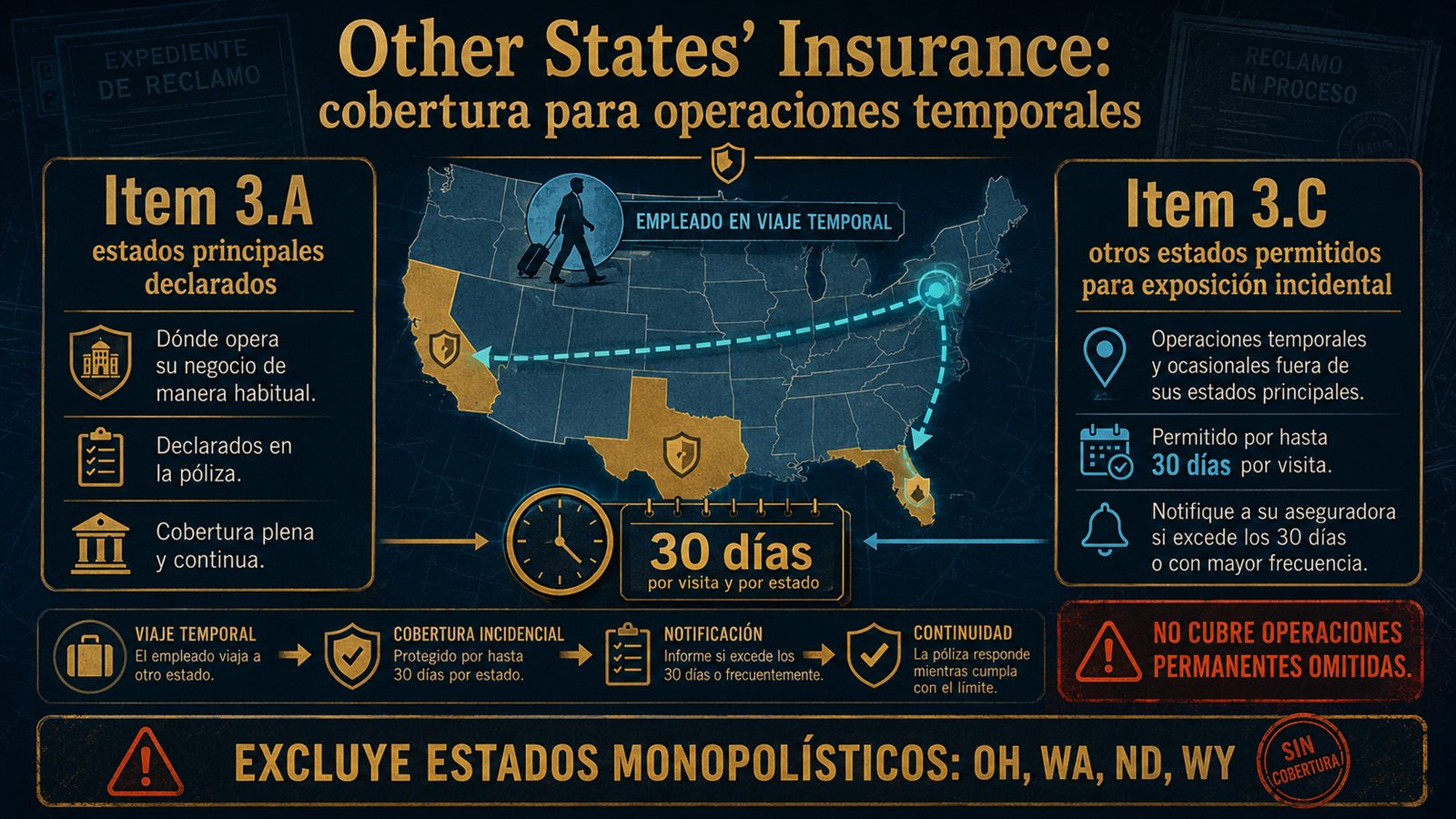 Infografía sobre Other States Insurance, Item 3.A, Item 3.C, regla de 30 días y estados monopolísticos.