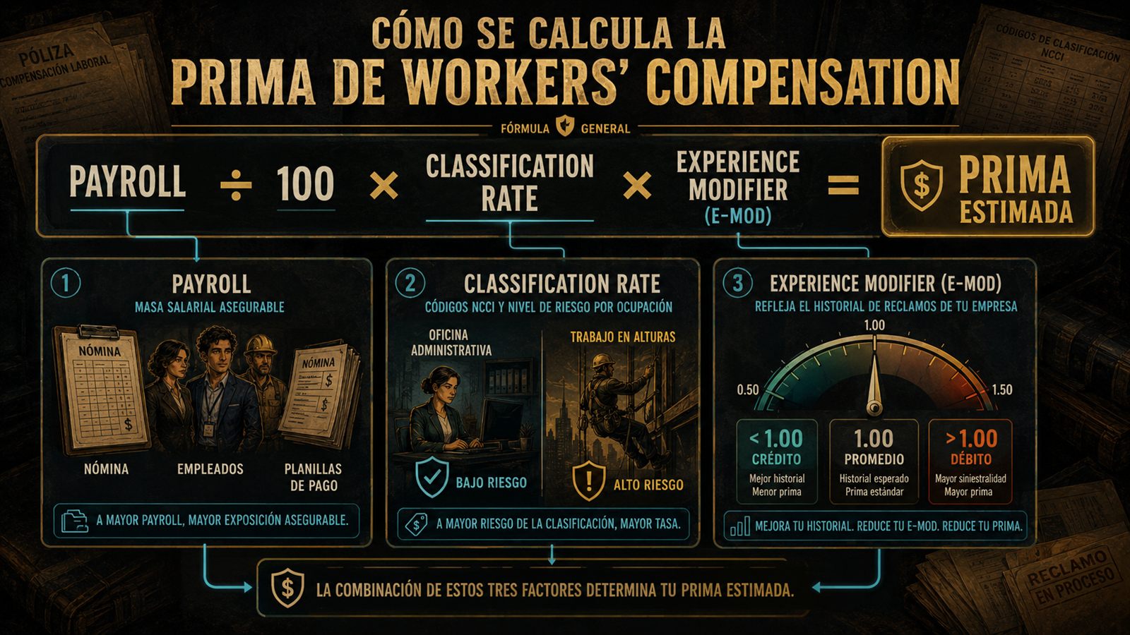 Infografía del cálculo de prima de Workers Compensation: payroll, classification rate y experience modifier.