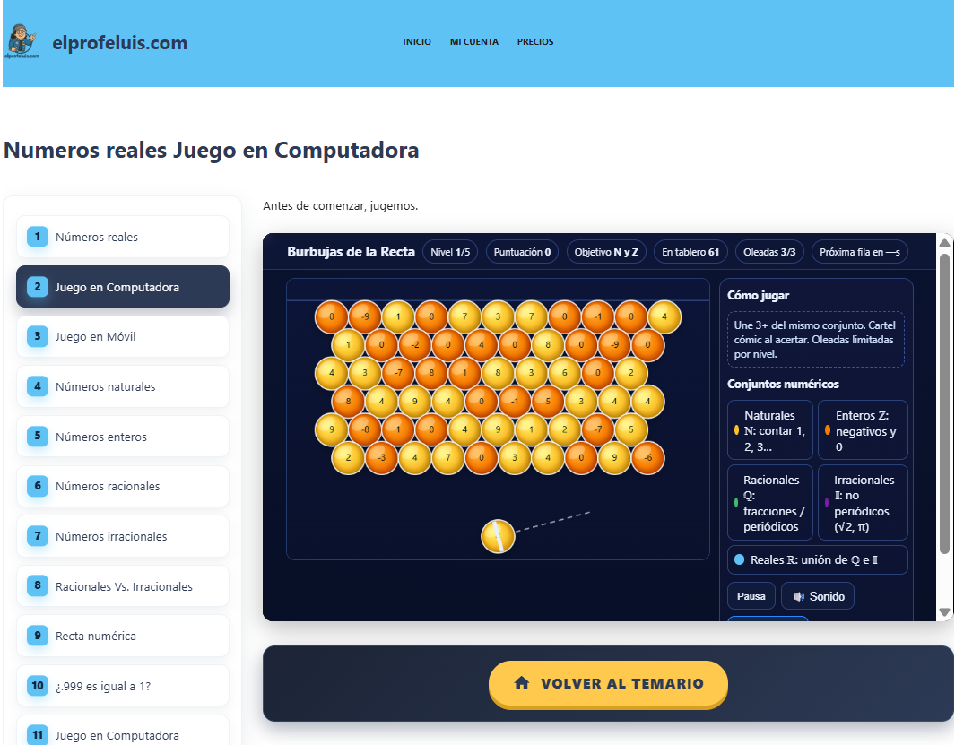 Juego Burbujas de la Recta integrado como recurso de práctica, manteniendo el índice lateral y la identidad de la plataforma