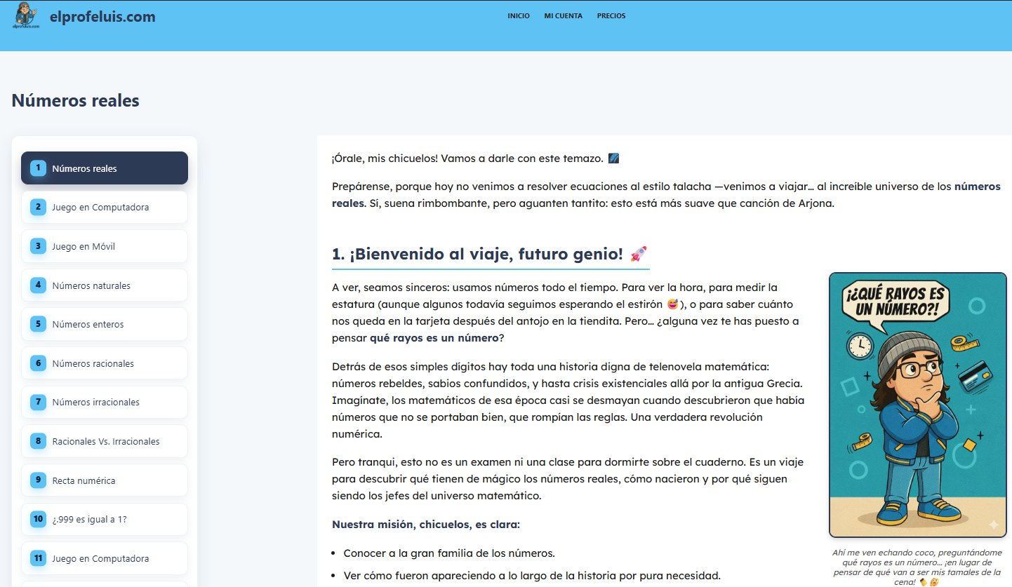 Lección integrada en elprofeluis.com con banner superior, índice lateral por temas y el contenido de clase en el área principal